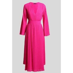 NWT Zara Pleated Bright Pink Fushia Long Sleeve Midi Dress L